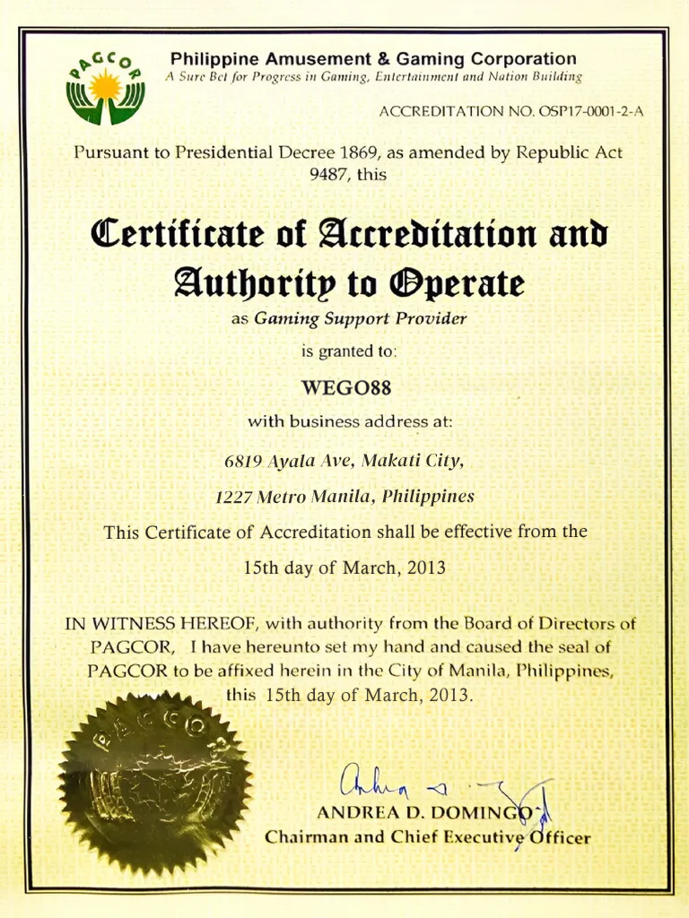 WEGO88 PAGCOR 공식 라이선스 이미지